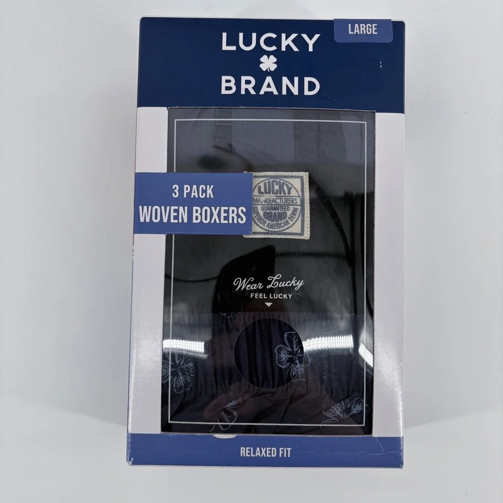 Lucky Brand Mens 3 Pack Woven Boxers 100% Cotton Blue Assorted Large Relaxed Fit